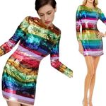 Mac Duggal  NWT Sz 4 93724 Rainbow Colorful Sequin Long Sleeve Stripe Mini Dress Photo 1