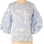 Halogen Nordstrom blue white pin strip floral puff sleeve blouse coastal Grandma Photo 0