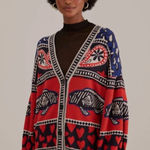 Farm Rio  Navy Mixed Print Knit Cardigan Sz Small‎ Oversized Dopamine Teacher Photo 0