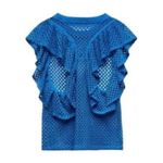 ZARA NWT bright blue sleeveless open woven mesh ruffle top, size large Photo 1