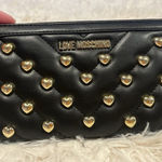 Moschino LOVE Black Vegan Leather Gold Heart Studded Full Zip Wallet Red Inside Photo 0