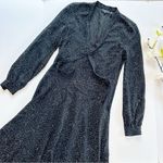 Theory NEW  Tie Neck Drape Silk Dress Midi Multi Speckle Black Photo 4