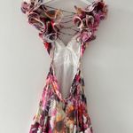 Mac Duggal Pink Floral Chiffon V Neck Ruffle Sleeveless Tiered Midi Dress 4 Photo 14