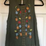 Paper Crane sleeveless top Small olive green boho embroidered flowers on front Photo 1