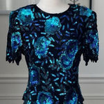 Laurence Kazar NWT NOS  Beaded Sequin Short Sleeve Silk Top Blue Black L Photo 0