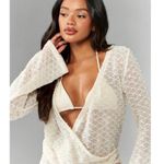 Missguided  Knit Wrap Bell Sleeve Mini Pearl Beaded Fringe Swim Cover Up Dress XS Photo 5