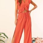 Fancyinn NWT  2 Piece Outfits Deep V Neck Ruffle Crop Top Split Wide Leg Pant Set Photo 2