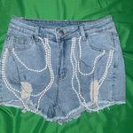 SheIn Blue and White Jean Shorts with Distressed Design size 28 Stretch Denim Photo 0