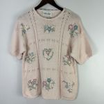Carolyn Taylor Vtg 90s Embroidered Floral Top Large Pink Knit Cottage Soft Girl Photo 0