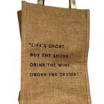 Wine woven Tote with Inspirational Quote holds 4 bottles shimmery jute bag Brown Photo 0