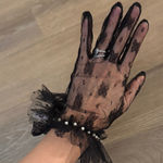 NWT Black lace wrist length ruffle gloves with pearl embellishments Photo 0