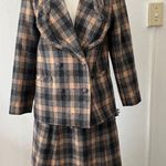 Vintage 80s beige green ruffled wool rustic plaid checkered skirt suit w/scarf S Tan Size M Photo 1