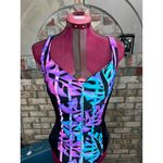 The Slim suit one piece swimsuit ruched front black blue purple leaf print Size M Photo 4