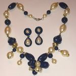 Vintage Chunky Navy Blue Gold Tone Faux Pearl Beaded Necklace Earrings Set Photo 0