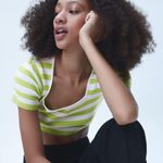 ZARA NWT  SMALL cropped square-neck green white stripes sweater Photo 4