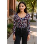 Tezenis Women’s Small Floral Long Sleeve Top Red Blue White Stretch Scoop Neck Photo 1