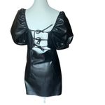 Divided H&M Faux Leather Black Puff Sleeve Dress Medium Open Back Ladder Tie Gothic Moto Photo 2