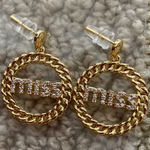NEW Gold Plated “Miss” Glitter Circle Chain Earrings Glam Party Braided NIB Photo 0