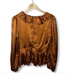 Pink Lily  Blouse Women's Small Copper/Orange V Neck Satin Ruffle Peplum Blouse Photo 5