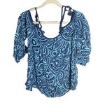 Aerie  AE Womens S Cold Shoulder Tassel Tie Hippie Boho Peasant Top Blue Swirl Photo 0