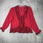 Ny Collection  Shirt Womens Large Petite Red Black‎ Ruffle Button Up Boho Cottage Photo 1