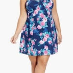Jessica Simpson  Mini Dress 2X Blue Pink Rose Floral‎ Corset Smocked Micro Ribbed Photo 0