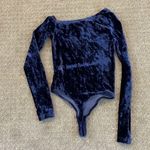 GBTSO Blue Velvet Long Sleeve Wide Neck One Shoulder Thong Bodysuit Photo 1