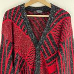 Vintage 80s Retro Red Black Geometric V Neck Grandpa Chunky Cardigan Sweater Size L Photo 3