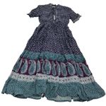 Eshakti Dress Womens Size 0 Paisley Tiered Maxi Navy Purple Teal Ruffle Neck Photo 0