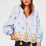 ZARA ‎ Blouse FLORAL EMBROIDERY Stripe VOLUMINOUS Sleeve Size Small Photo 0