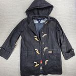 Denim & Co Hooded Denim Duffle Coat Size Med Black Blanket Lined Toggle Button Photo 4