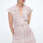 ZARA NWT  Mini Dress Womens S White Red Tweed V-NeckRuffle Hem Old Money Preppy Photo 0