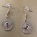Gold Tone Dangle Earrings with Black Evil Eye Design, Pierced Hook Backing Photo 0