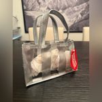 NEW Mary Kay Gray & Clear Striped Top Handle Gift Bag Plastic Holiday Bag Silver Photo 1