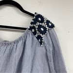 Loft  Blue & White Striped Off Shoulder Embroidered Floral Appliqué Womens Top M Photo 5