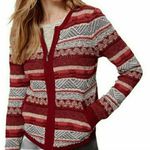Loft  Escapade Full Zip Fair Isle Cotton Cardigan Sweater (Sz S) Red & White Photo 2