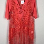 Swim Coverup Lace Up Fringe Quarter Sleeve Photo 0