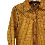 BKE Shirt Women’s Size XS Yellow Brown Plaid Button Up Long Sleeve Embroidered Photo 1