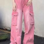 Pink Coral Ombré Wide Leg Cargo Denim Pants Cotton Y2K Streetwear Sz Small Photo 6