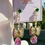 Noir green studs bow tie pink drop crystals tassels gold tone drop earrings Photo 0