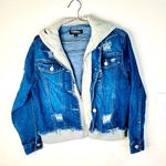 Thrill Jeans Chic Distressed Contrast Hooded Denim Jacket Pockets Size Medium Photo 0