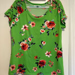 New York Laundry  L Bright Green Floral Braided Sleeve Lightweight Loose Fit Top. Photo 0