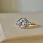 Three Stone Round Halo Glam Gold V Ring “Ismene” Engagement Wedding Elegant Jewelry Photo 4