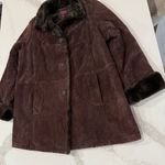 Gallery Vintage Genuine Leather Suede Button Front Coat w/Faux Fur Trim Womens L Photo 1