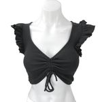 ZARA Black Rib Knit Ruffle Flutter Sleeve V-Neck Drawstring Cropped Top Size M Photo 0