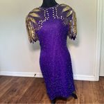 Laurence Kazar Silk Purple and Gold Embellished Sheath Dress Photo 5