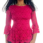 Isaac Mizrahi Fuchsia Lace Flared Sleeve Peplum Blouse Size XS Photo 0