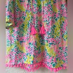 Mud Pie  Women’s Swim Cover Up Palm Print Green & Pink Pom-Pom Tassel Size Medium Photo 3