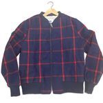 Old Navy  Women's Blue and Red Windowpane Plaid Fleece-Lined Zip-Up Bomber Jacket Photo 0
