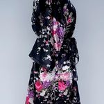 Silky Satin Robe Floral Pattern Kimono Short Black Size Small Photo 5